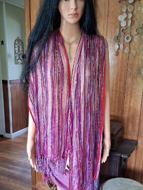 Cejon Multicolor Purple Pink Striped Fringe Scarf Wrap